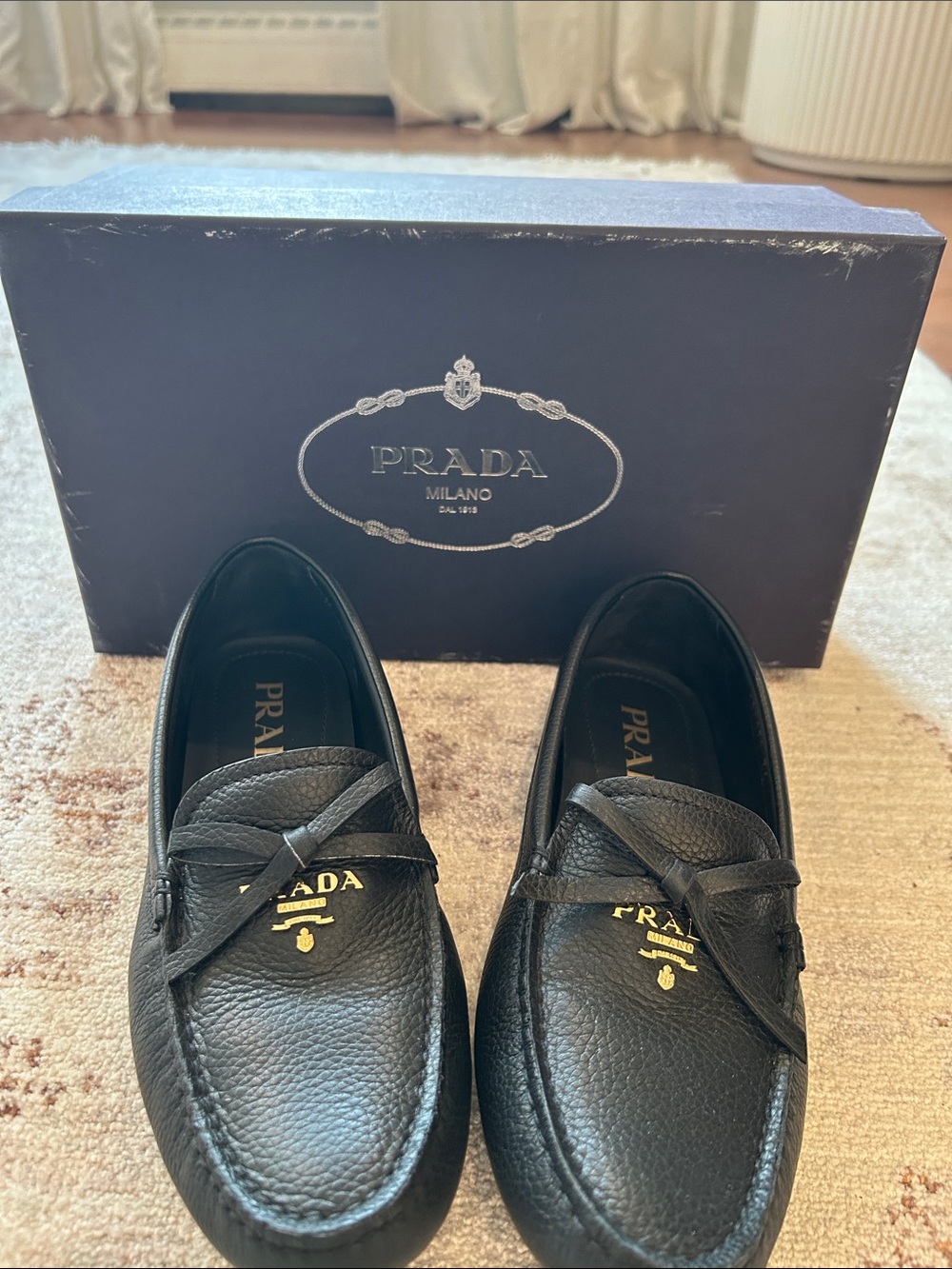 NWT Prada Black Pebbled Leather Bow-Accent Loafers in original box